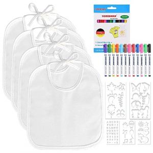faburo 12PCS Bavoir pour B&eacute;b&eacute; Blanc &agrave; Peindre,12 Marqueurs Textile et 5 Pochoirs de Peinture, Bavoirs Imperm&eacute;ables Drool, Id&eacute;al pour D&eacute;corer et Peindre (Meih, neuf)
