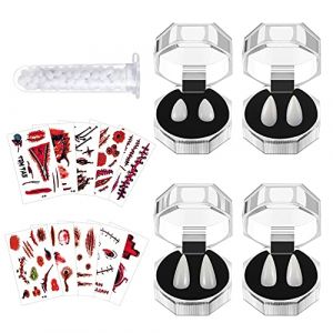 4 Paires Dents de Crocs de Vampire,Dents de Vampire enfant adulte,10 feuilles Fausses Cicatrices,1 Tube Adhésif de Granules,dents de vampire realiste, pour Partie Cosplay Crocs de Fête Halloween (LIHUAHAI LIMITED, neuf)