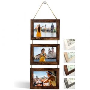 NEOWS Cadre Photo Multiple avec Corde pour Suspendre au Mur - Lot de Cadres Décoratifs pour Accrochage Mural Vertical - Porte Portrait Pele Mele - Photos 10x15 (Bois Vieilli, 3 Photos Horizontal) (NEOWStore, neuf)