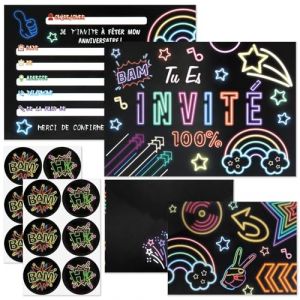 SHOWHEEL 12 Pièces Carte Invitation Anniversaire Fille, Carte Invitation Anniversaire Thème Néon, avec Enveloppes et Autocollants, Invitation Anniversaire Garcon Fille (MEIQIONGSHAO LIMITED, neuf)