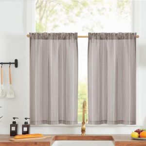 Vangao Lot de 2 rideaux brise-bise nautiques - Aspect lin à rayures - Rideaux courts - Modernes - Style bohème - Filtration de la lumière - Pour salon, salle de bain - 65 x 90 cm (l x H) - Gris (Hangzhou Fangao, neuf)