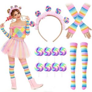 QIMMU 11 Pi&egrave;ces Costume De Lollipop,Costume de Bonbons,D&eacute;guisement Carnaval Femme,Costume Carnaval,Serre-T&ecirc;te Sucette,Pendentifs En Bonbons,Chaussettes Ray&eacute;es Et Gants,Pour Les F&ecirc;tes Costum&eacute;es (TAIZHOUXUDU, neuf)