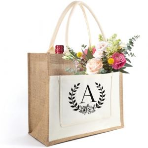Sac en Toile de Jute avec Lettre, Sac Fourre-Tout Initiale, Sac en Toile de Jute Portable, Sac Cabas Jute Alphabet, Cadeau pour Femme, Maman, Amis, Cadeau pour Anniversaire, Fête des mères (A) (Ysound, neuf)