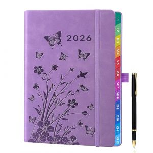 Agenda semainier A5 2026 – de janvier à décembre – Lavande, motif floral, onglets mensuels colorés, porte-stylo élastique, 2 marque-pages, boucle stylo, pochette intérieure. (ZT BenYu, neuf)