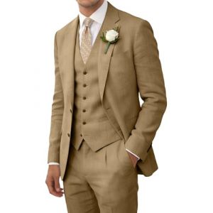 Wehilion Costume r&eacute;tro en lin pour homme - Costume d'&eacute;t&eacute; - Coupe ajust&eacute;e - 3 pi&egrave;ces - L&eacute;ger - Veste - Gilet - Pantalon de smoking, kaki, Taille 3XL (JINGCHUSHANGMAO, neuf)