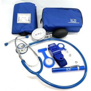 Kit de démarrage avec tensiomètre anéroïde, stéthoscope, lampe stylo (lampe torche), garrot, montre d'infirmière, cordon porte-carte d'identité, kit de démarrage (bleu avec montre en silicone) (ICE Medical, neuf)