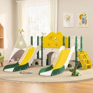JOROBURO Toboggan pour Enfant 7 en 1 avec Panier de Basket, Aire de Jeux intérieure et extérieure, kit de Jeu d'escalade autoportant (7 en 1 Vert II) (ZHANG RONGYUN STORE, neuf)
