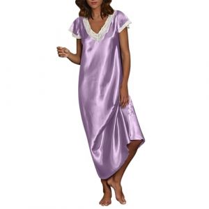 Chemise de Nuit Femme Satin Dentelle Pyjama Sexy à Col en V Profond Robe Longue Couleur Unie Grande Taille Manches Courte Robe de Nuit Coquin Nuisettes Pleine Slip Chemises Nuit Femme (UoUa1245, neuf)