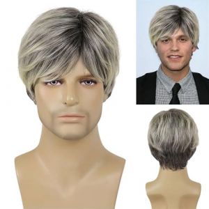 Perruque en cheveux Perruque de Cosplay synthétique naturelle résistante à la chaleur for homme, perruque courte bouclée noire mélangée de cheveux gris for homme, perruque cadeau for père Perruque pou (minghuaouzhou, neuf)