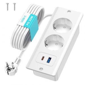 Prise Encastrable, Multiprise Electrique 2 Prises et USB C, Multiprise Encastrable pour Plan de Travail, Cuisine, Bureau, Multiprise Encastrée avec 1.8M Câble,Blanc (Airmom, neuf)