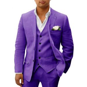 HUUTOE Costume 3 pi&egrave;ces en lin pour homme - Pour la plage, les mariages, les gar&ccedil;ons d'honneur - Costume d'&eacute;t&eacute; d&eacute;contract&eacute; - Blazer en lin - Gilet et pantalon de smoking, violet, Taille XL (NicetomeeeU, neuf)