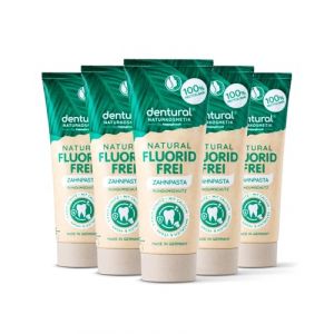 dentural by happybrush Naturkosmetik Lot de 5 dentifrices sans fluorure au goût menthe – Dentifrice sans fluorure avec 5 protections pour une haleine fraîche – Sans microplastique – 5 x 75 ml (Happybrush, neuf)