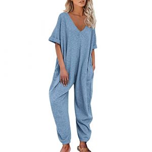 Pantalon sarouel pour femme en coton fin - Salopette de travail pour femme - Combinaison d'&eacute;t&eacute; pour femme - Longue combinaison baggy - Col en V - Pyjama ample avec poches - Combinaison de sport / (Ru-xei, neuf)