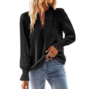 TUUHAW Chemise Femme Chic et &Eacute;l&eacute;gant Automne Grande Taille Manches Longues Boh&egrave;me Top Col en V Manche &agrave; Volants Dentelle Haut T-Shirts &agrave; Point Suisse D&eacute;contract&eacute; Fluide Tunique Noir XXL (TROFANO, neuf)