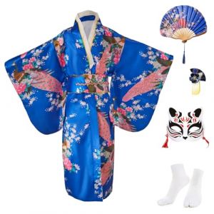 Kimono Enfant Deguisement Japonaise Fille Robe Japonaise pour la Fête et le Spectacle,Satin Cosplay Anime avec Eventail Pliant,Chaussettes Tabi,Masque de Renard et Epingle à Cheveux,Bleu Royal,140 (zhruiqun, neuf)