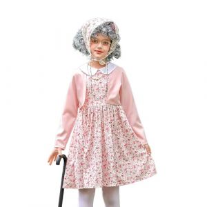 FASLOLSDP Perruque de grand-mère grise pour enfant 2025 - Accessoire de cosplay avec foulard, robe, veste de grand-mère - Déguisement de carnaval - Costume de cosplay (HEHui, neuf)