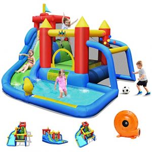 COSTWAY 7 en 1 Ch&acirc;teau Gonflable pour 4 Enfants de 3 &agrave; 10 Ans avec Toboggan Aquatique et Aire de Saut, Mur d'escalade,Bassin,Canon,Lancer De Balles,Accessoires Munis (Pompe air de 450W Incluse) (FDS GmbH, neuf)