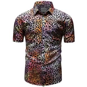 fohemr Hommes Léopard Chemise à Manches Courtes Button Down Motif Animal tigré Chemise d'été Violet X-Large (fohemr, neuf)