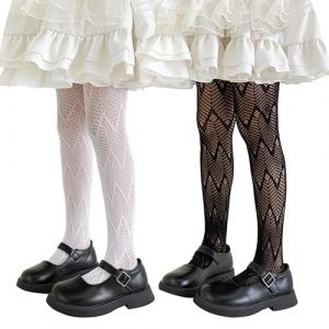 LOLANTA 2 paires de collants résille à motifs pour filles, collants en dentelle ajourée pour fête de carnaval, Vagues noire/blanche, 8-12 ans, L (LOLANTA, neuf)