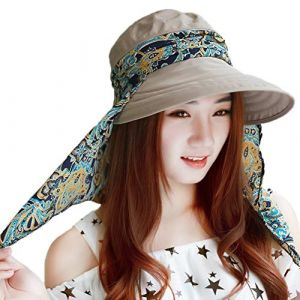 Femme Casquette Visi&egrave;re Large Bord Chapeau de Soleil Plage Voyage Et&eacute; Capeline de Camping P&ecirc;che V&eacute;lo Jardinage Pliable Protection Solaire Compl&egrave;te avec Foulard Prot&egrave;ge-nuque D&eacute;tachable UPF 50+ Anti-UV (QICHENGUK, neuf)