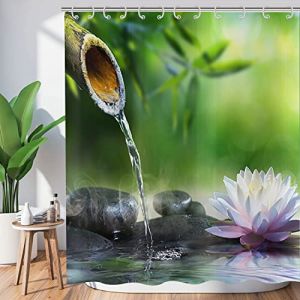 Hnmdmyi Rideau de Douche Zen Jardin 180x200, Spa Bambou Vert Pierre Noire Fleur Blanche, Baignoire M&eacute;ditation Japonaise D&eacute;tente, Tissu &Eacute;tanche Lavable avec Crochets (Hnmdmyi, neuf)