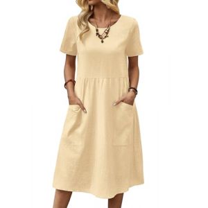 Zeagoo Robe d'été décontractée en lin pour femme - Col rond - Manches courtes - Avec poches - Taille S à XXL, beige, XXL (Zeagoo direct, neuf)