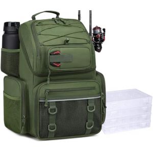 FRETHIND Sac &agrave; dos de p&ecirc;che avec bo&icirc;tes (incluses), mallette de 45 L avec compartiment isotherme, bo&icirc;te de rangement &eacute;tanche &ndash; Grand sac &agrave; compartiments r&eacute;glables, sacs de canne &agrave; p&ecirc;che (LICHU Direct, neuf)