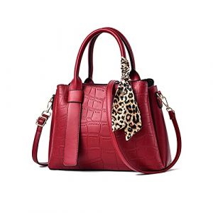 NICOLE & DORIS Sac a Main Femme en Cuir Sac Portés Main Pochette Sac Epaule Rétro Sac Fourre Tout avec Ruban Léopard Sac Bandouliere Mode Vin Rouge (NICOLE&DORIS-FR, neuf)