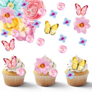 Fleurs comestibles Papillons pour g&acirc;teaux &ndash; Lot de 52 pi&egrave;ces pour d&eacute;coration de g&acirc;teaux, parfait pour les anniversaires, mariages et g&acirc;teaux de filles &ndash; D&eacute;coration de fleurs comestibles color&eacute;es pour (TangXueWang, neuf)