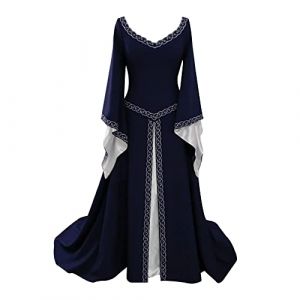 YUDATPG Robe médiévale, évasée, à manches longues – Robe de Renaissance pour femme – Nuisette paysanne, costume d'Halloween, de fée et gothique, chemise de nuit (as8, alpha, taille XL, standard, bleu (PlumZhou, neuf)