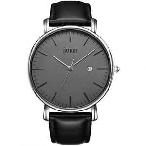 BUREI Montre Quartz Ultra-Fine pour Homme Mouvement Quartz Japonais m&eacute;canique pour Homme Le pour Les Gentlemen (Gris et Noir, Bracelet de Montre en Cuir) (EU Watches, neuf)