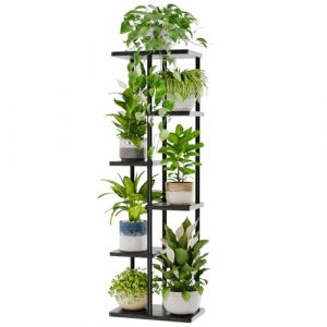 Bamworld Support de fleurs haut en métal et bois - Support pour plantes avec 6 niveaux - Étagère pour plantes d'intérieur - Étagère moderne pour salon et balcon - Noir (Bamworld, neuf)