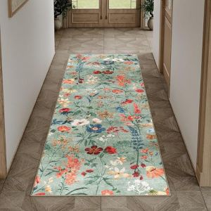 HUGEAR Vert Tapis de Couloir 60x180cm Floral Passage Lavable en Machine Antidérapant Boheme Naturel Fleur Long Carpet Descente de Lit Cuisine Doux Poil Ras Rug (RONGBEN, neuf)