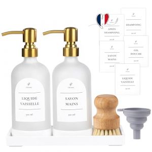 LaLusana Distributeur de Savon Liquide en Verre 500ml &ndash; Lot de 2 avec Pompe INOX Dor&eacute;e, Plateau, Brosse, &Eacute;tiquettes Waterproof &ndash; pour Cuisine, Salle de Bain, Liquide Vaisselle, Gel Douche, Shampoing (LaLusana, neuf)