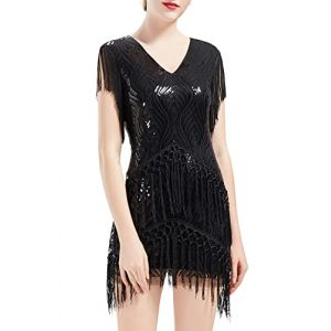 BABEYOND Ann&eacute;es 1920 Robe Flapper &Agrave; Paillettes &Agrave; Franges Robe Ann&eacute;es 20 Rugissantes D&eacute;guisement Costume Gatsby Robe &Agrave; Col en V Vintage Robe De Soir&eacute;e Perl&eacute;e (Noir, XXL) (Lixuanshengang, neuf)