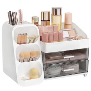 hblife Organisateur de Maquillage avec tiroirs, Organisateur de pinceaux, 3 en 1 Boîte de Rangement de cosmétiques en Plastique, Boîte de Rangement de Maquillage Grand Rangement Blanc+Gris (WEiodk, neuf)