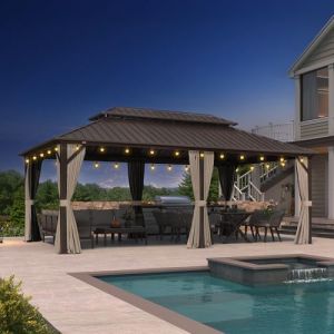 PURPLE LEAF Tonnelle de Jardin Exterieur 6 x 3,65 m avec Guirlande Lumineuse, Pergola à Double Toit en Acier Galvanisé, Pavillon en Aluminium avec Rideaux pour Camping, Fête, Stockage, Bronze (PURPLE LEAF, neuf)