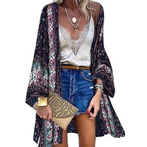 CheChury Femmes Kimono Plage Eté Bikini Cover Up Imprimé Kimono Veste Cardigan Bohème Pareo Tops Floral Cover Up Lâche Demi-Manches Kimono en Mousseline Blouse Élégant Robe de Plage Châle Beachwear (Sofenny, neuf)