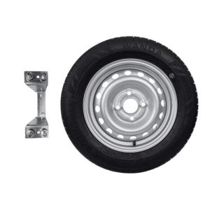 UNITRAILER – Roue de secours remorque 155/70 R13 79N – Jante 4Jx13" H2 4x100 ET30 – Alésage 57 mm – Charge 437 kg – Avec support de fixation – Pneu WANDA + Support (UNITRAILER, neuf)
