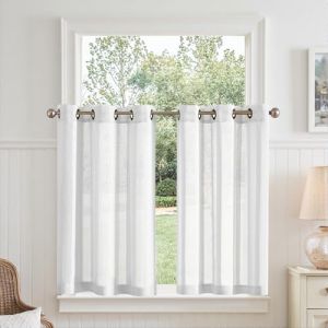TOPICK Rideau Cuisine Voilage Brise Bise Court avec Oeillet &agrave; Rayures Blanc 90 x 90 cm,Rideaux Modernes Brise-Bise Ray&eacute;s Semi Transparentes pour Portes de Balcon pour Salon Chambre Maison Lot de 2 (Audrey Home Fashion, neuf)