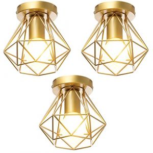 iDEGU Lot de 3 Plafonnier Industriel Vintage Lustre Suspension E27 R&eacute;tro Luminaire Design Cage Fer Lampe de Plafond pour Couloir Salon Cuisine Chambre, &Oslash;16cm (Cage A, Dor&eacute;) (IDEGU, neuf)