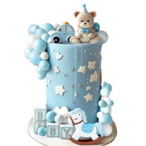 LaVenty d&eacute;coration de g&acirc;teau ours bleu - Set de 1 ours, 1 cheval &agrave; bascule, 1 voiture, 1 b&eacute;b&eacute;, 5 boules blanches, 5 boules bleues - Pour les f&ecirc;tes d'anniversaire et baby shower - Bleu (LaVenty UK, neuf)