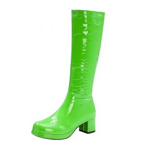 Bottes en cuir verni pour femme au genou, bottes &agrave; talons &eacute;pais &eacute;l&eacute;gantes, couleur rouge brillant audacieux, talon bloc confortable, bottes en pvc imperm&eacute;ables &agrave; la mode pour des looks affirm&eacute;s, Vert (Silver Clear Selection, neuf)