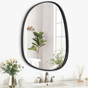 Miroir à suspendre avec cadre en bois pour mur Miroir asymétrique irrégulier noir Miroir ovale pour salle de bain Miroirs décoratifs pour chambre à coucher, salon, entrée, hall d'entrée unique Miroir (Kyucheng, neuf)
