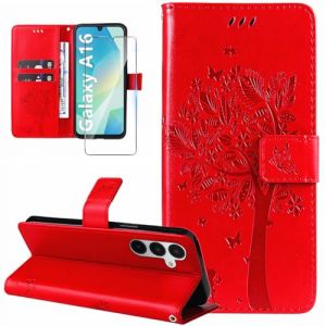 Dcjlbo Coque pour Samsung Galaxy A16 4G/5G Etui Portefeuille Cuir avec Verre Trempé Motif Porte Carte à Rabat Clapet Housse Protection Flip Case Étui Coque pour Samsung Galaxy A16 4G/5G-Rouge (Dcjlbo, neuf)