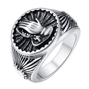 Chevalière Homme Acier Inoxydable,Anneau Signet Religieux Mains de Prière Chrétienne,Bague Hommes Taille 62,Bijoux Vintage Biker Porte Bonheur Cadeau Anniversaire Garçons Argenté (FaithHeart Jewellery, neuf)