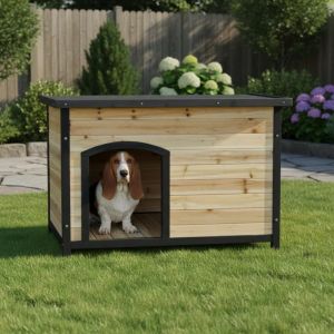 Shelty Pet Niche pour Chien Moyen 104x66x70cm | Bois FSC Thermo-trait&eacute;, Toit Imperm&eacute;able, Plancher Isolant | Design &Eacute;l&eacute;gant Naturel avec Bordures Noires (Mon Univers Jardin, neuf)