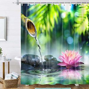 OCEUMACO Rideau de Douche Anti Moisissure Galet Zen Imprimé Rideau Douche Tissu Imperméable Polyester 240x200 cm 3D Orchidee Bambou Rideaux de Douche Baignoire Lavable Machine - Vert Rose (Oceum, neuf)