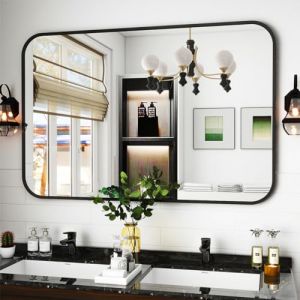 Koonmi Miroir Mural rectangulaire 75 x 122 cm - Cadre en métal - Miroir Mural d'angle Rond pour Salle de Bain, Salon - Montage Mural Horizontal ou Vertical - Noir (KoonmiEU, neuf)