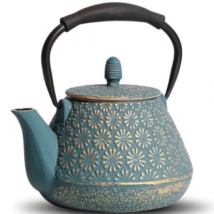MILVBUSISS Th&eacute;i&egrave;re en fonte japonaise &agrave; motif de sakura en &eacute;mail, 950 ml, avec infuseur pour th&eacute; en feuille et caf&eacute;, poign&eacute;e en silicone, s&ucirc;re pour la cuisini&egrave;re, 32 oz bleu (MILVBUSISSJP, neuf)